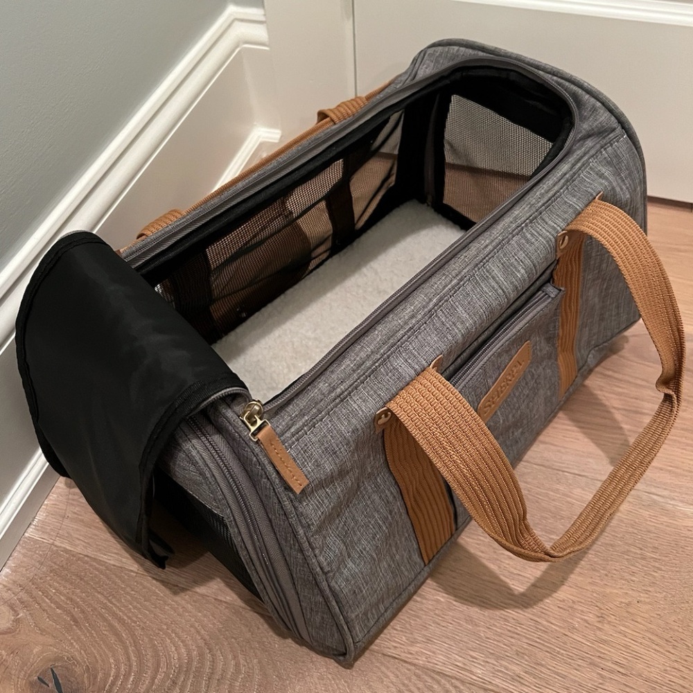 Dog Sherpa zipper top side Stylish Gray Tan Pet Carrier Bag car luggage - Picture 3 of 5